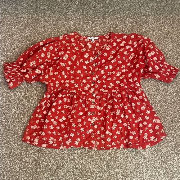 Madewell Tops - Madewell Red Cotton Floral Short Sleeve Button Down Blouse